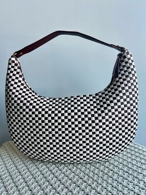 ah-dorned Woven Checkered Hobo Shoulder Bag Brown & White Vegan Leather